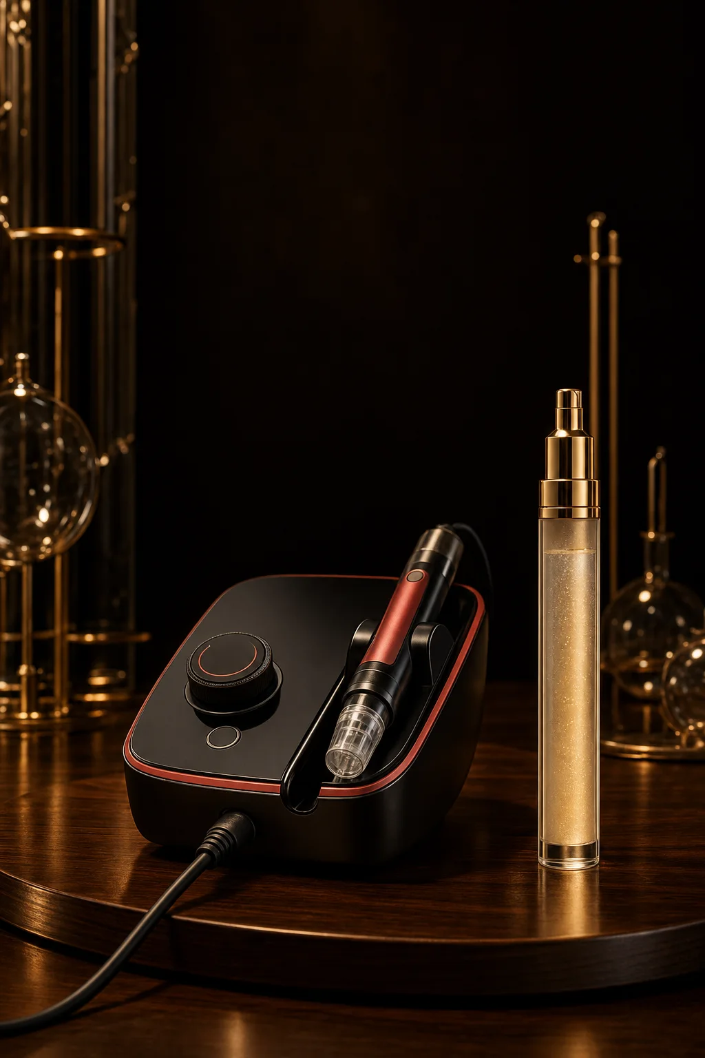 Black and red professional derma stamping console displayed beside a gold-pump peptide serum vial