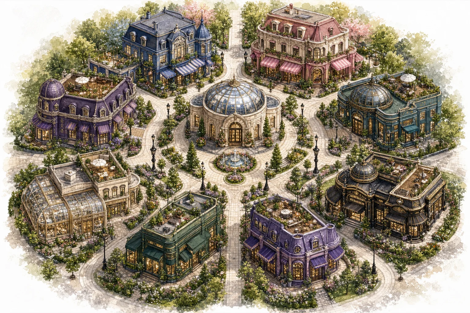 An illustrated bird's-eye view of Avenue 27, with eight New York and Paris inspired beauty boutiques surrounding the Welcome Center